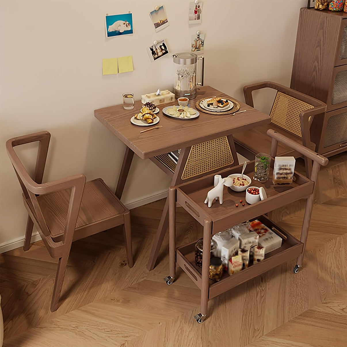 Set da Pranzo Compatto in Rattan per 2 – Tavolo Elegante con Spazio di Archiviazione e Sedie per Piccoli Spazi.