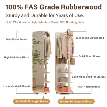 Specchio Eleganza 360° – in Legno Massello con Appendiabiti ✨