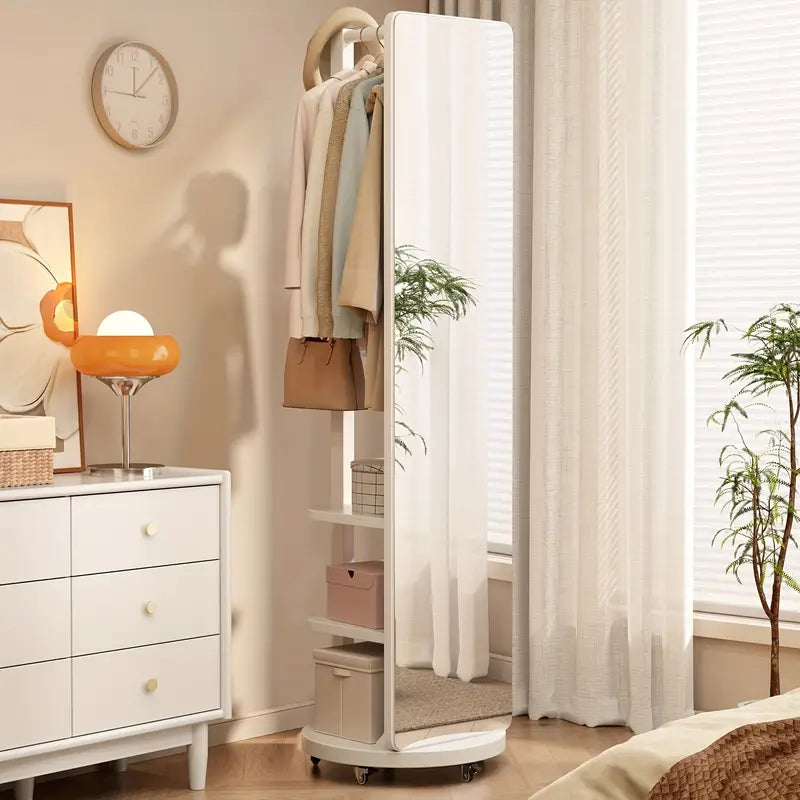 RQ✨ Solid Wood Floor Mirror – Rotating with Coat Rack! 🪞